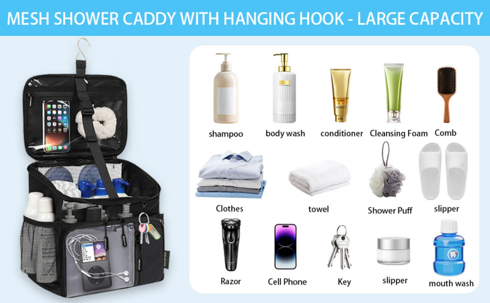 Travel Toiletry Bag – for Travel, Hanging Mesh Shower Caddy Handle – detail view 10