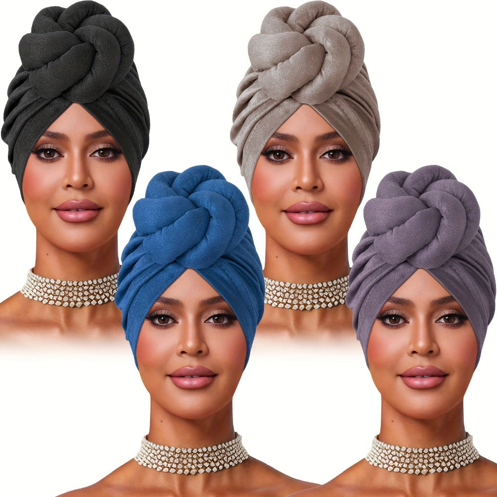 Turban Hat - Pre-tied 4pcs Set - Knotted Headscarf Floral Print Stretch Hair Cap for - product detail view 3