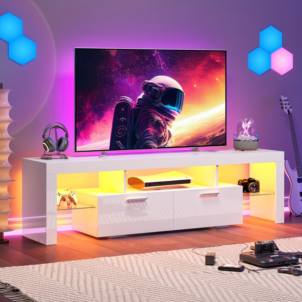 TV Stand, Contemporary LED with Storage Drawers, High Gloss Media Console Table for TVs up shown in the main product view