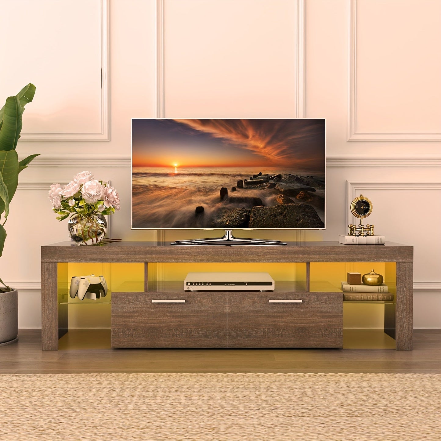 TV Stand shown in the Rustic Brown, L63 Inches, for TVs below 75" option