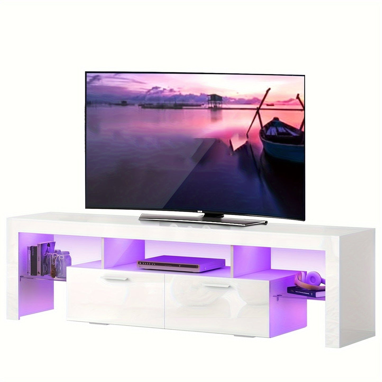 TV Stand shown in the White, L71 Inches, for TVs below 80" option