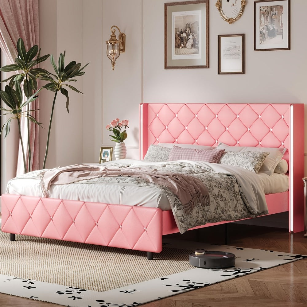 Bed Frame, Diamond Tufted with Wingback Headboard & Silvery Side Wings - Upholstered, No shown in the main product view