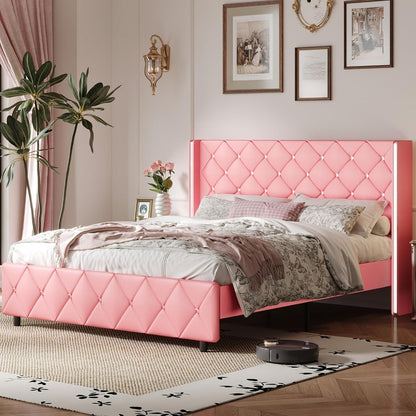 Bed Frame, Diamond Tufted with Wingback Headboard & Silvery Side Wings - Upholstered, No shown in the main product view