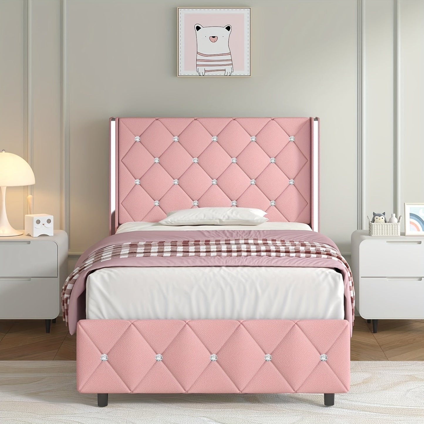 Bed Frame shown in the pink, Twin option