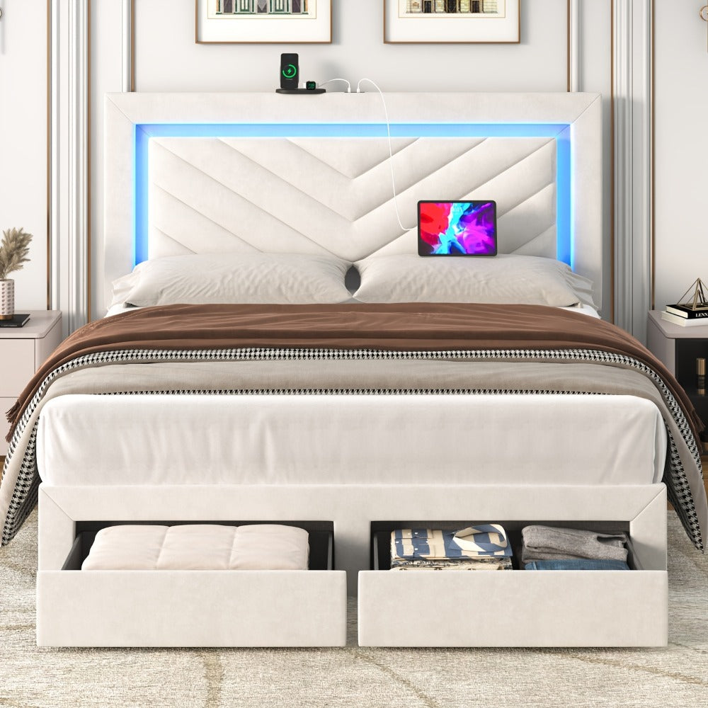 Upholstered Bed Frame with Storage Drawers and Charging Station detail image