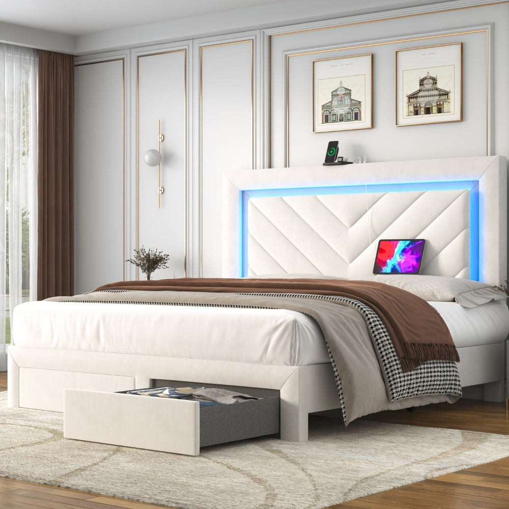 Upholstered Bed Frame with Storage Drawers and Charging Station detail image - detail view 5