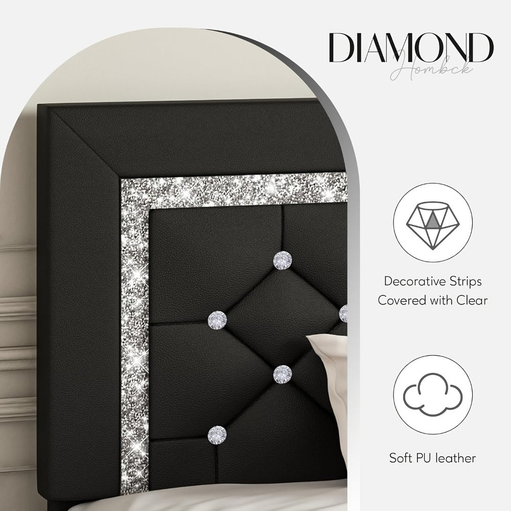 Bed Frame Black Faux Leather Platform with Diamond-Tufted Headboard, Upholstered Footboard and Wood Slats