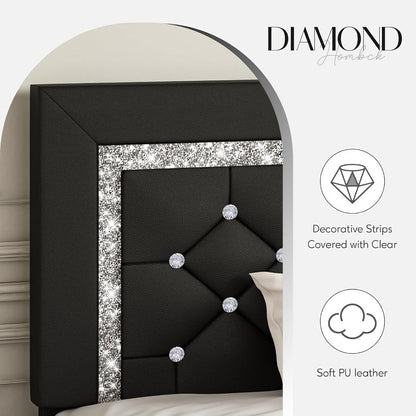 Bed Frame Black Faux Leather Platform with Diamond-Tufted Headboard, Upholstered Footboard and Wood Slats