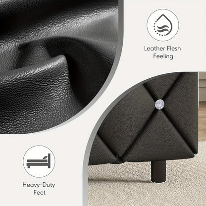 Bed Frame Black Faux Leather Platform with Diamond-Tufted Headboard, Upholstered Footboard and Wood Slats