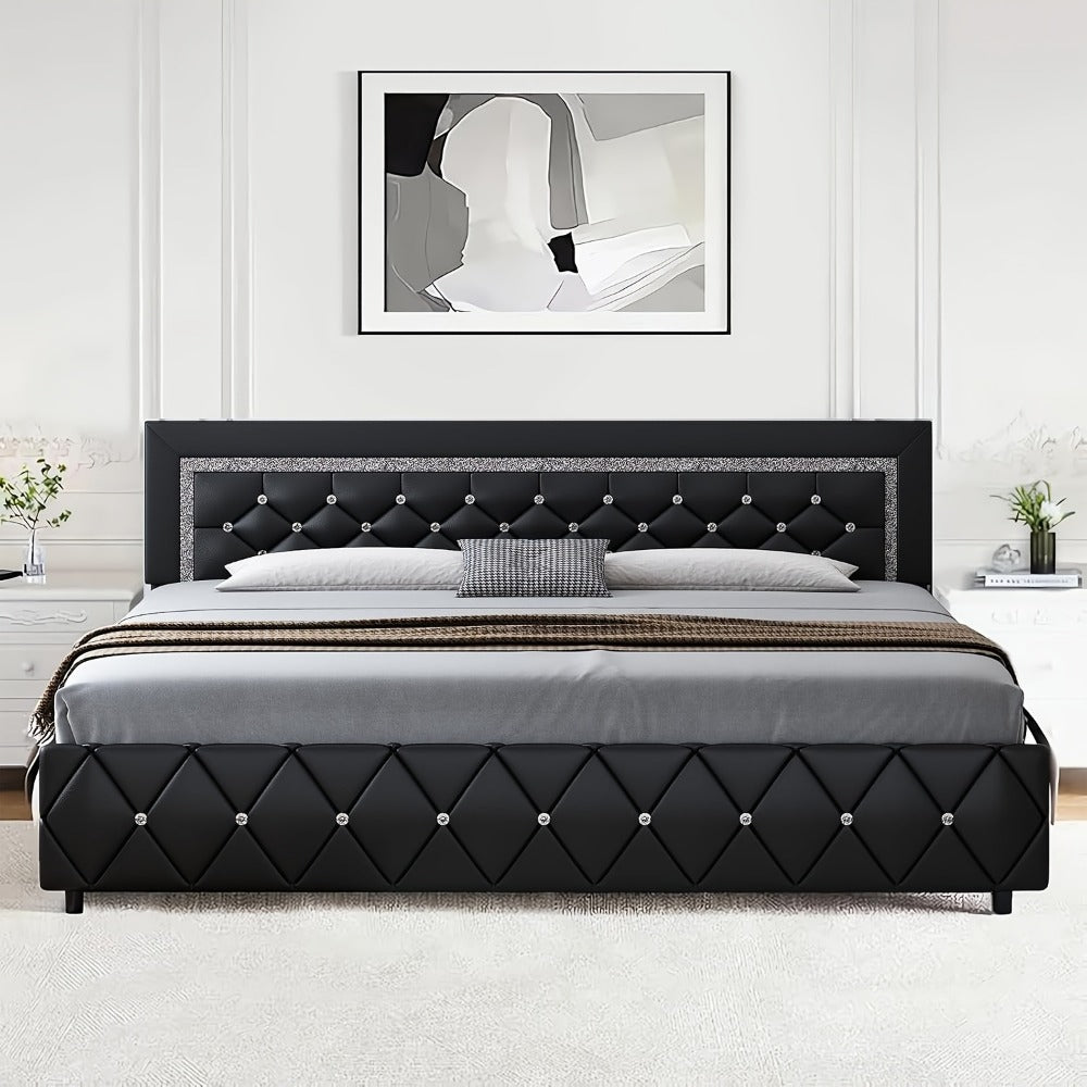 Bed Frame Black Faux Leather Platform with Diamond-Tufted Headboard, Upholstered Footboard and Wood Slats
