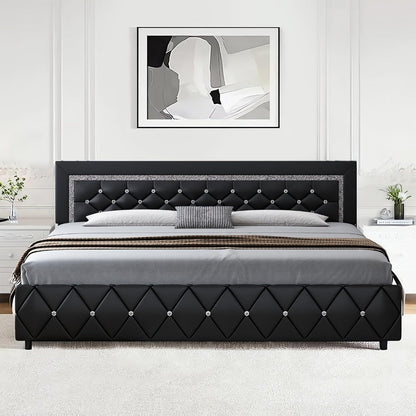 Bed Frame Black Faux Leather Platform with Diamond-Tufted Headboard, Upholstered Footboard and Wood Slats