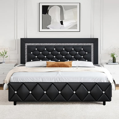 Bed Frame Black Faux Leather Platform with Diamond-Tufted Headboard, Upholstered Footboard and Wood Slats