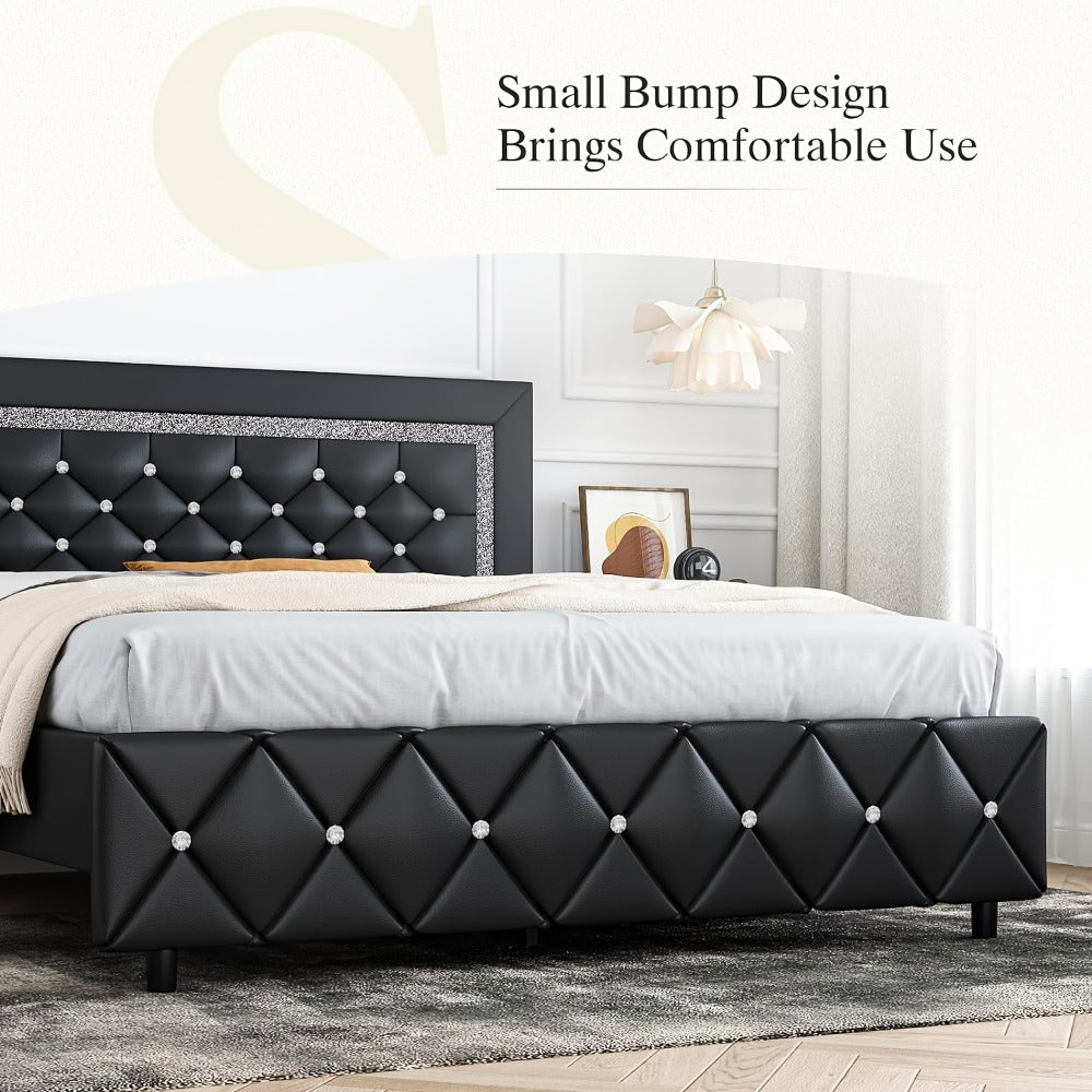Bed Frame Black Faux Leather Platform with Diamond-Tufted Headboard, Upholstered Footboard and Wood Slats