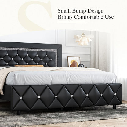 Bed Frame Black Faux Leather Platform with Diamond-Tufted Headboard, Upholstered Footboard and Wood Slats