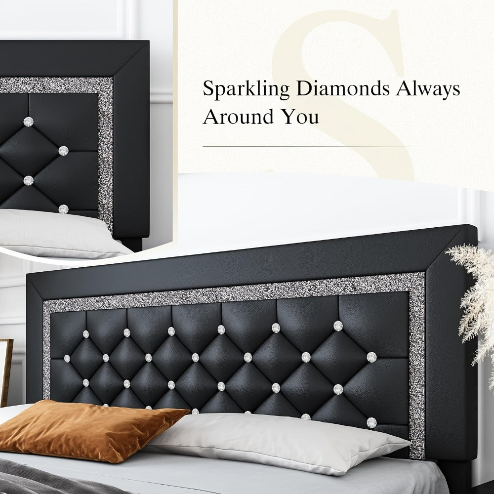 Bed Frame Black Faux Leather Platform with Diamond-Tufted Headboard, Upholstered Footboard and Wood Slats