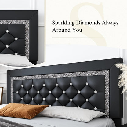 Bed Frame Black Faux Leather Platform with Diamond-Tufted Headboard, Upholstered Footboard and Wood Slats