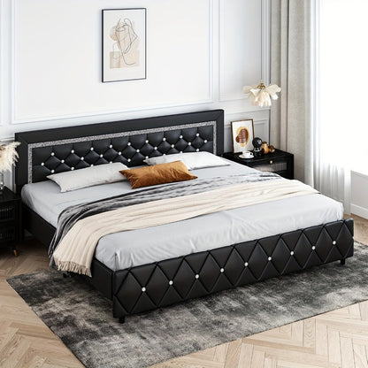 Bed Frame Black Faux Leather Platform with Diamond-Tufted Headboard, Upholstered Footboard and Wood Slats