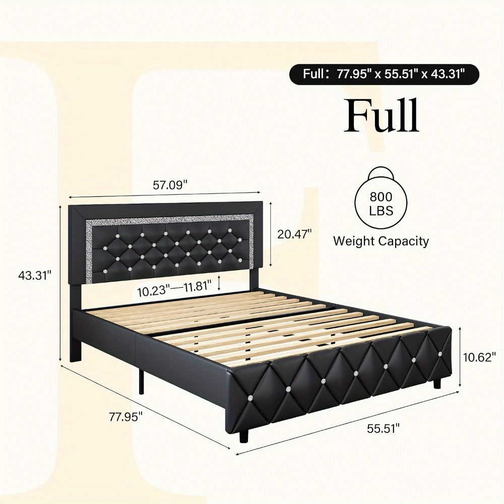 Bed Frame Black Faux Leather Platform with Diamond-Tufted Headboard, Upholstered Footboard and Wood Slats