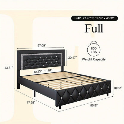 Bed Frame Black Faux Leather Platform with Diamond-Tufted Headboard, Upholstered Footboard and Wood Slats