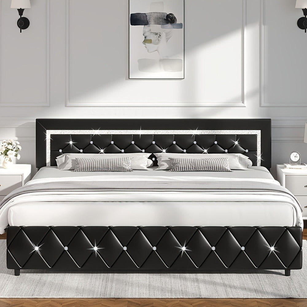 Bed Frame Black Faux Leather Platform with Diamond-Tufted Headboard, Upholstered Footboard and Wood Slats