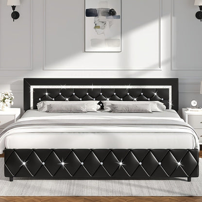 Bed Frame Black Faux Leather Platform with Diamond-Tufted Headboard, Upholstered Footboard and Wood Slats