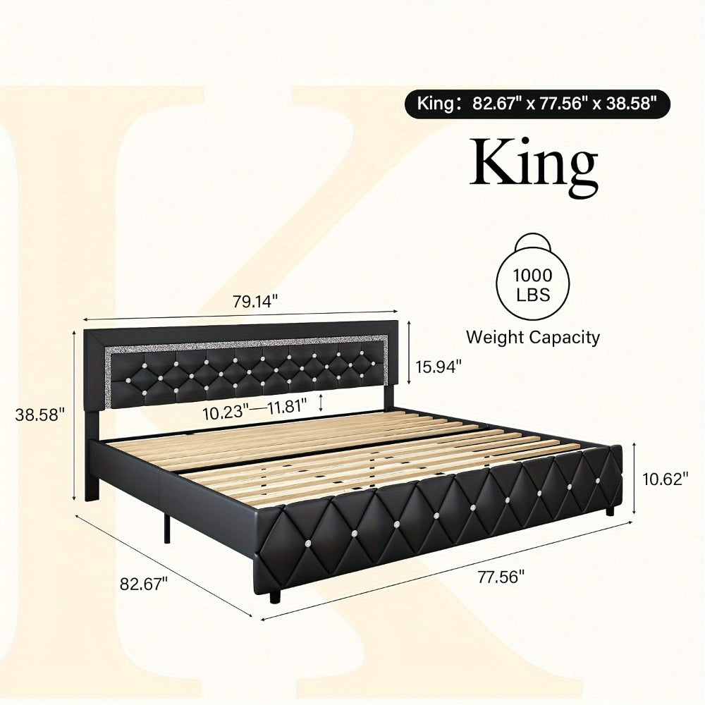 Bed Frame Black Faux Leather Platform with Diamond-Tufted Headboard, Upholstered Footboard and Wood Slats