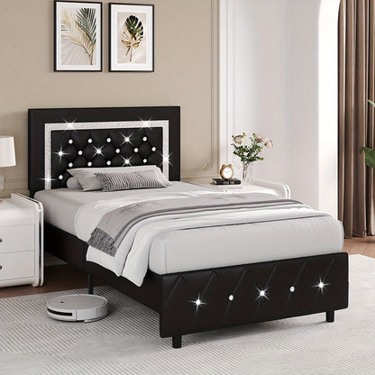 Bed Frame Black Faux Leather Platform with Diamond-Tufted Headboard, Upholstered Footboard and Wood Slats