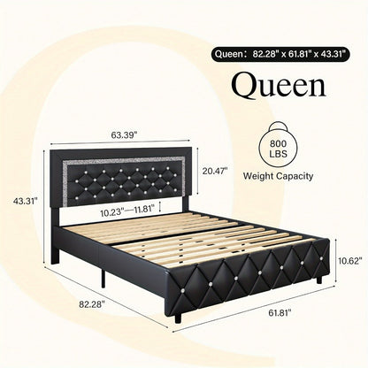 Bed Frame Black Faux Leather Platform with Diamond-Tufted Headboard, Upholstered Footboard and Wood Slats