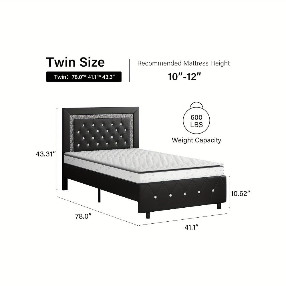 Bed Frame Black Faux Leather Platform with Diamond-Tufted Headboard, Upholstered Footboard and Wood Slats