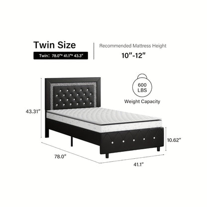 Bed Frame Black Faux Leather Platform with Diamond-Tufted Headboard, Upholstered Footboard and Wood Slats