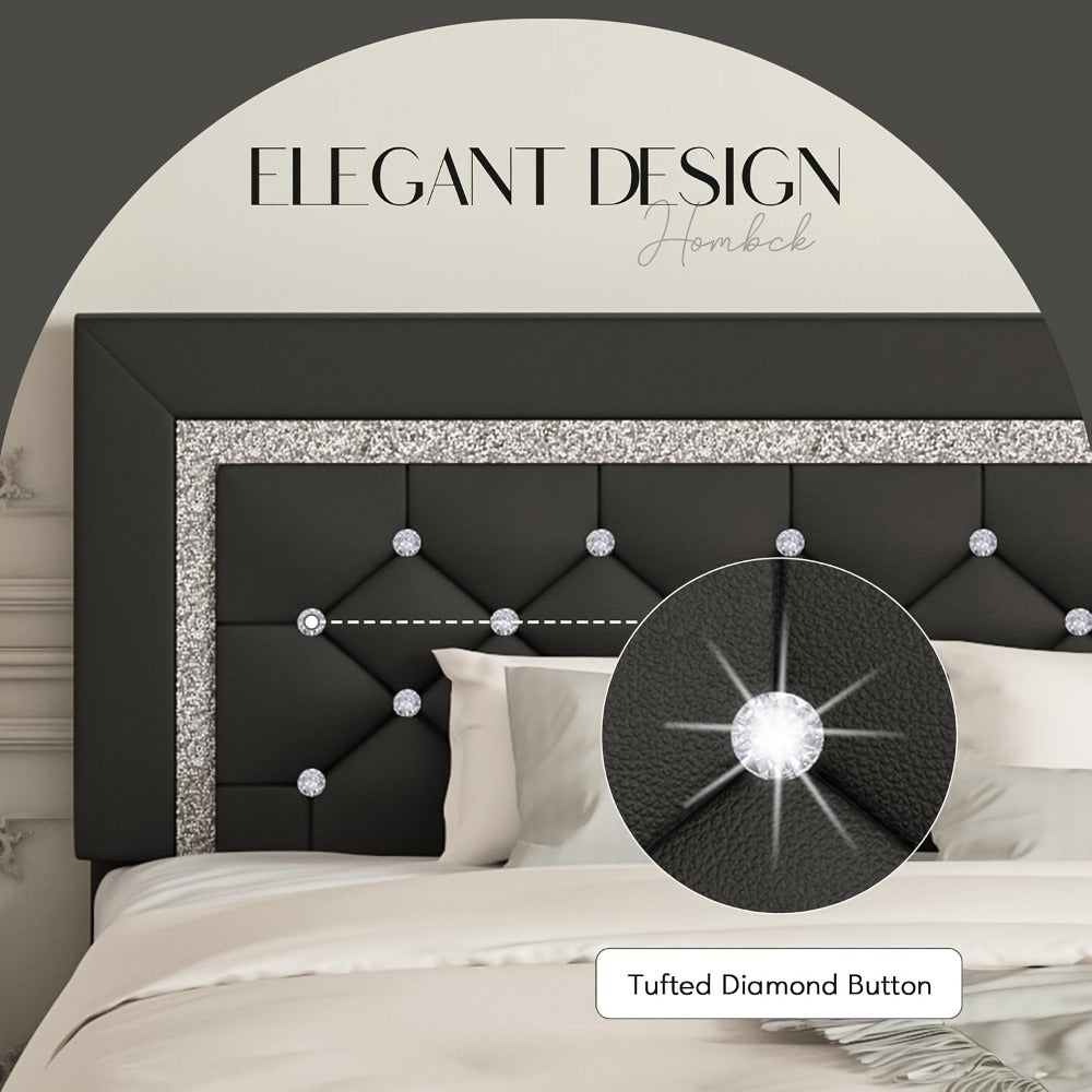 Bed Frame Black Faux Leather Platform with Diamond-Tufted Headboard, Upholstered Footboard and Wood Slats