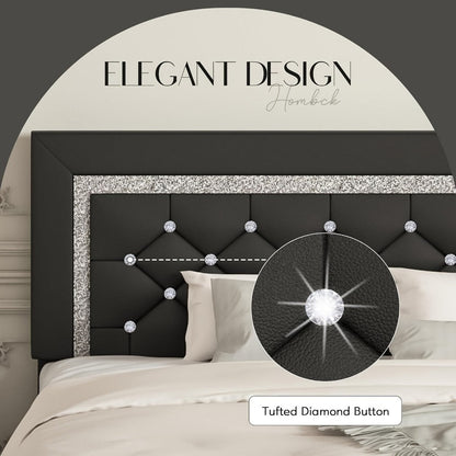 Bed Frame Black Faux Leather Platform with Diamond-Tufted Headboard, Upholstered Footboard and Wood Slats