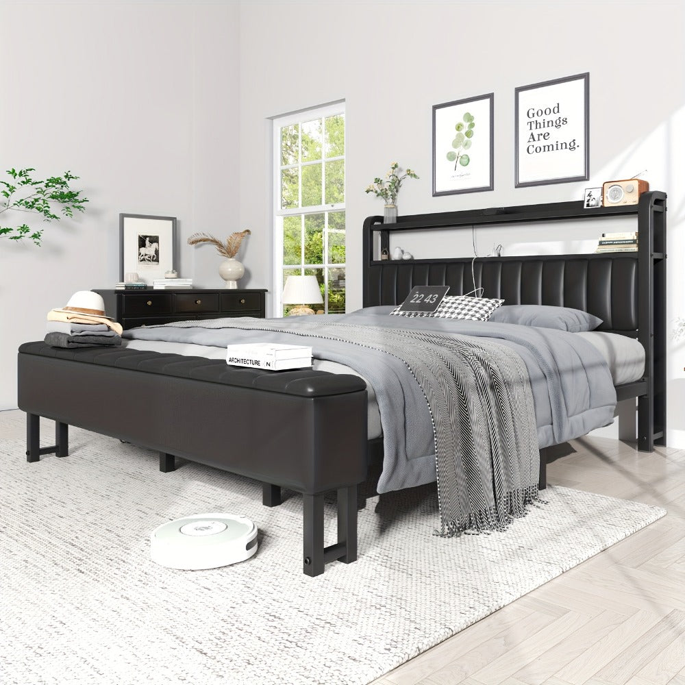 Upholstered Metal Bed Frame with LED Lighting and Hidden Storage for Bedroom detail image - detail view 5