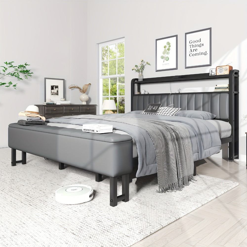 Upholstered Metal Bed Frame with LED Lighting and Hidden Storage for Bedroom detail image - detail view 9