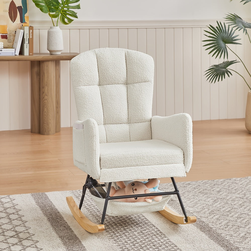 Rocking Chair for Nursery with High Backrest, Upholstered Glider Rocker Teddy Fabric Metal shown in the main product view