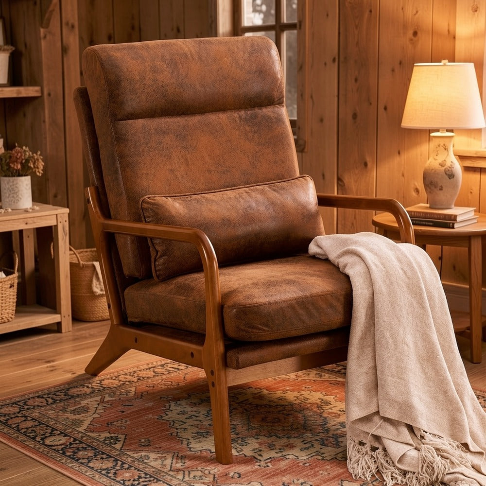 Upholstered Solid Wood Accent Chair with High Back, Bedroom Reading Chair for Living Room detail image - detail view 10