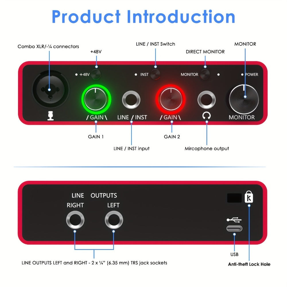 USB Audio Interface, 48V, USB, 192Khz, 24Bit/192Khz, Solo, 48V for Recording and Streaming detail image - detail view 4
