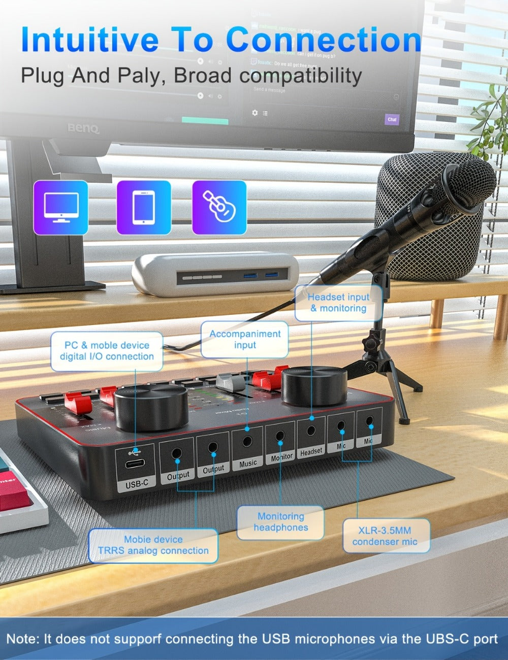USB Audio Interface, Adjustable, USB, Podcast, Equipment for Recording and Streaming detail image - detail view 16