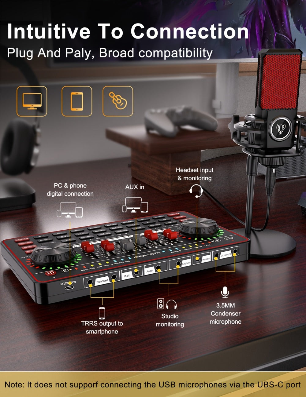 USB Audio Interface, Cardioid, USB, Rechargeable, Professional, Mixer for Recording detail image - detail view 16
