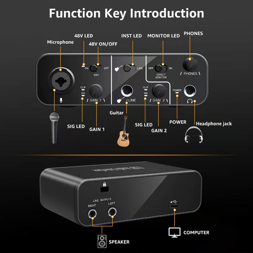 USB Audio Interface, USB-C, USB, Mic, Preamps, Cable for Recording and Streaming detail image - detail view 3