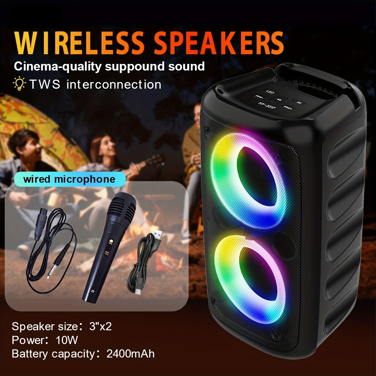 Portable Bluetooth Speaker HY-3317 with Dual Speakers, Subwoofer, LED, Mic, 2400mAh and USB-C