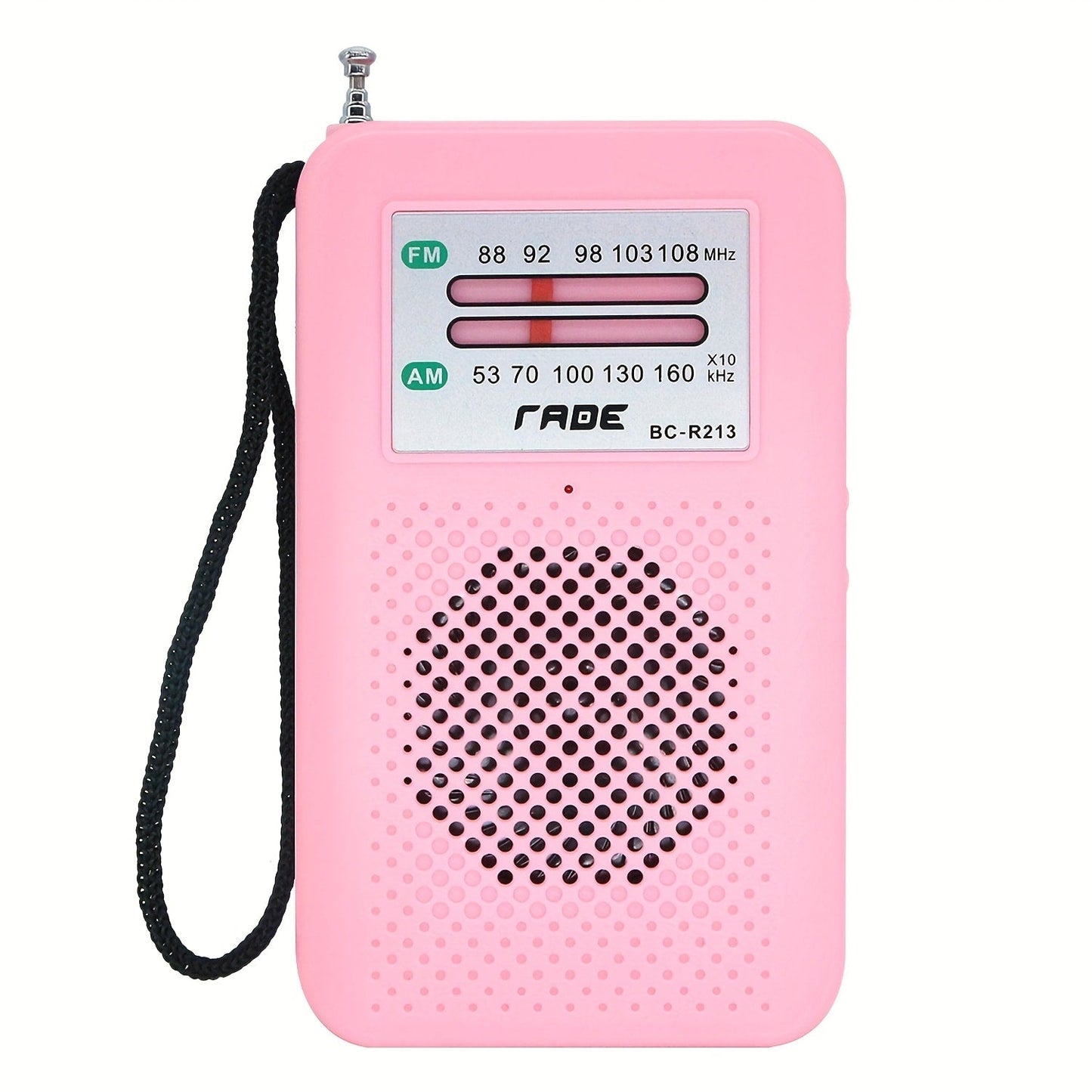 Pocket AM/FM Radio with Manual Tuner, Telescopic Antenna, Wrist Strap and Pink or Black Case