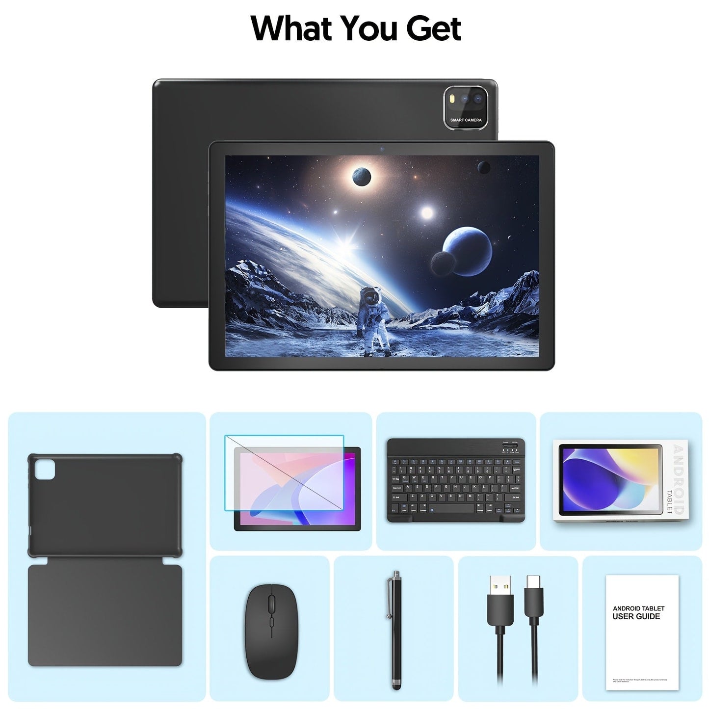 10 Inch 2-in-1 Android 14 Tablet with Keyboard Mouse Stylus – 6GB RAM 64GB ROM 1TB Expandable, WiFi 6, 6000mAh Battery, Quad-Core, Dual Camera, GMS Certified Tablet PC