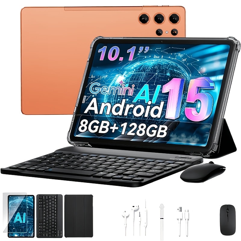 Android Tablet 10.1-Inch with Android 15, 8GB RAM, 128GB Internal Storage and Keyboard Case Bundle