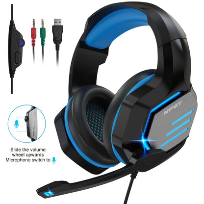 NPET Gaming Headset PS4 PS5 Xbox One PC Noise Cancelling Mic Stereo Over-Ear Headphones Blue LED Bass Surround Sound Soft Memory Earmuffs Wired 1-Pack 2-Pack Bundle