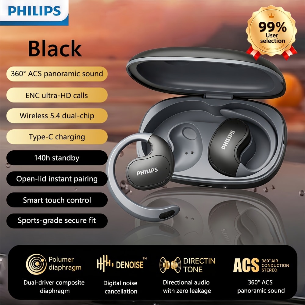 Wireless Earbuds Philips Black Stereo with Touch Volume, Noise-Cancelling Mic and Type-C Case