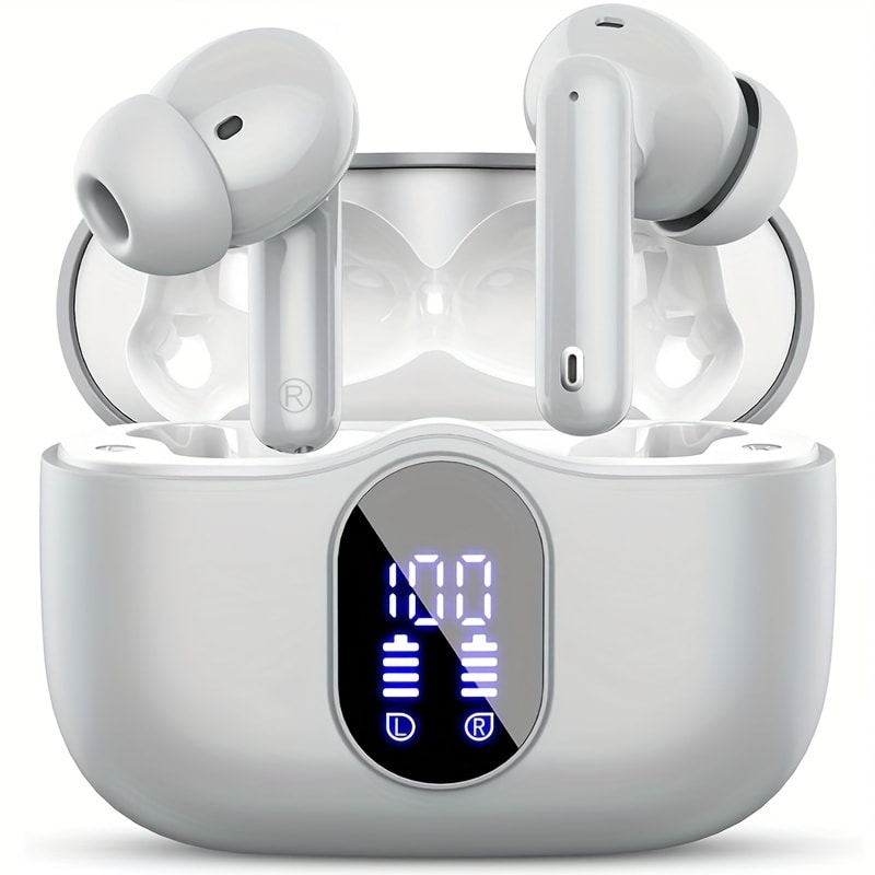 Wireless Earphones Bluetooth 5.3, 40-Hour Playtime, Bass Stereo Sound, LED Display, Noise-Cancelling Mic, Type-C Charging - In-Ear Earphones for Laptop, Tablet, Phone & Sports