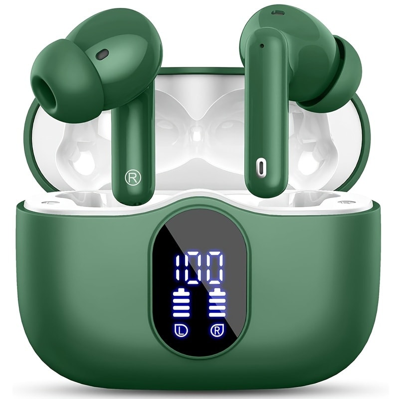 Wireless Earphones Bluetooth 5.3, 40-Hour Playtime, Bass Stereo Sound, LED Display, Noise-Cancelling Mic, Type-C Charging - In-Ear Earphones for Laptop, Tablet, Phone & Sports