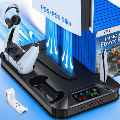 Black Console Cooling Stand Compatible with PS5, Slim and Pro Models, Three Fan Speeds and Dual Controller Dock