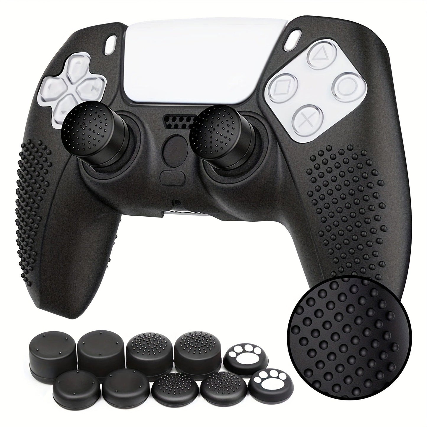 Silicone Controller Cover for PS5 DualSense with Ten Thumb Grip Caps and Pictured Cutout Layout